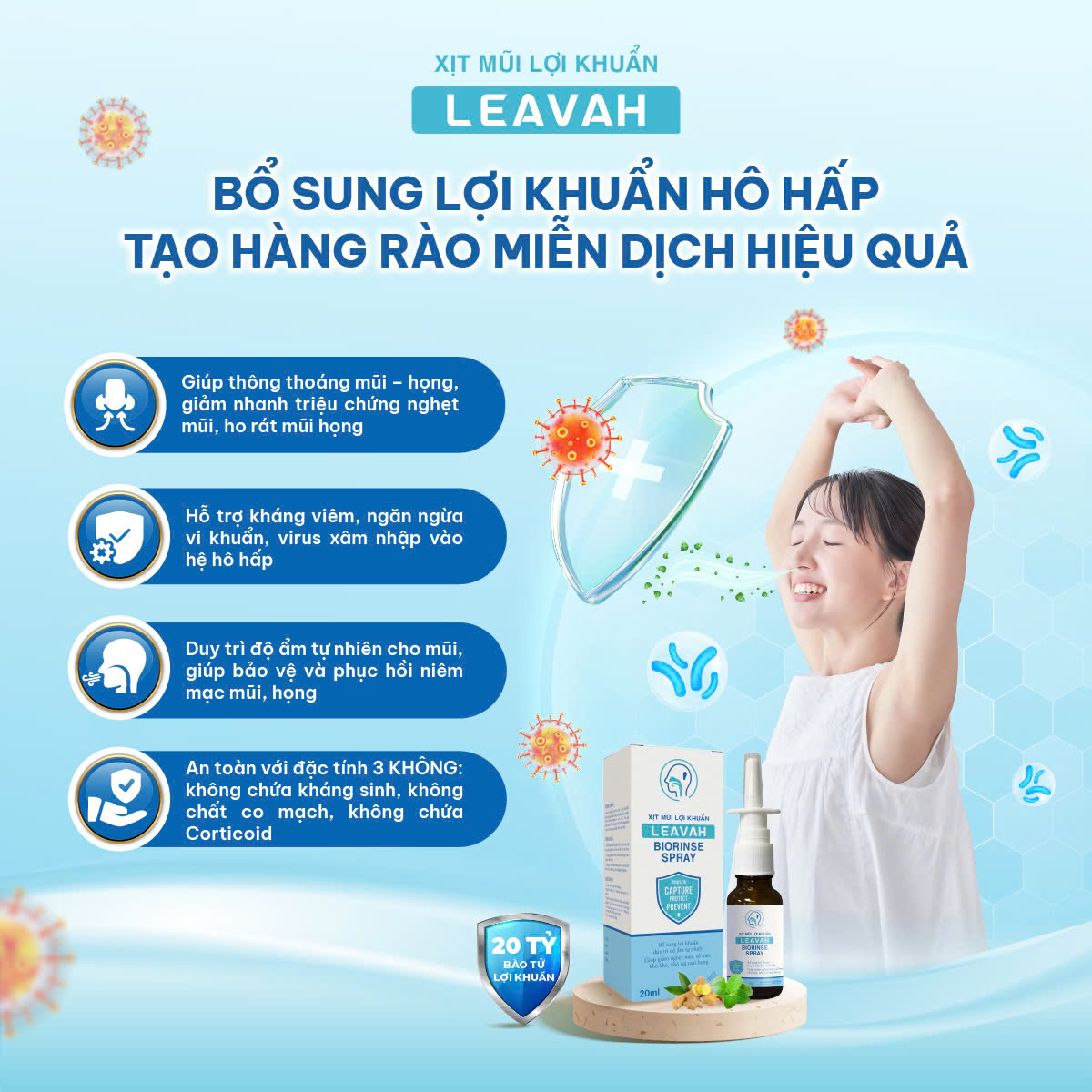 Xịt mũi họng Leavah Biorinse Spray giúp bổ sung lợi khuẩn cho đường hô hấp