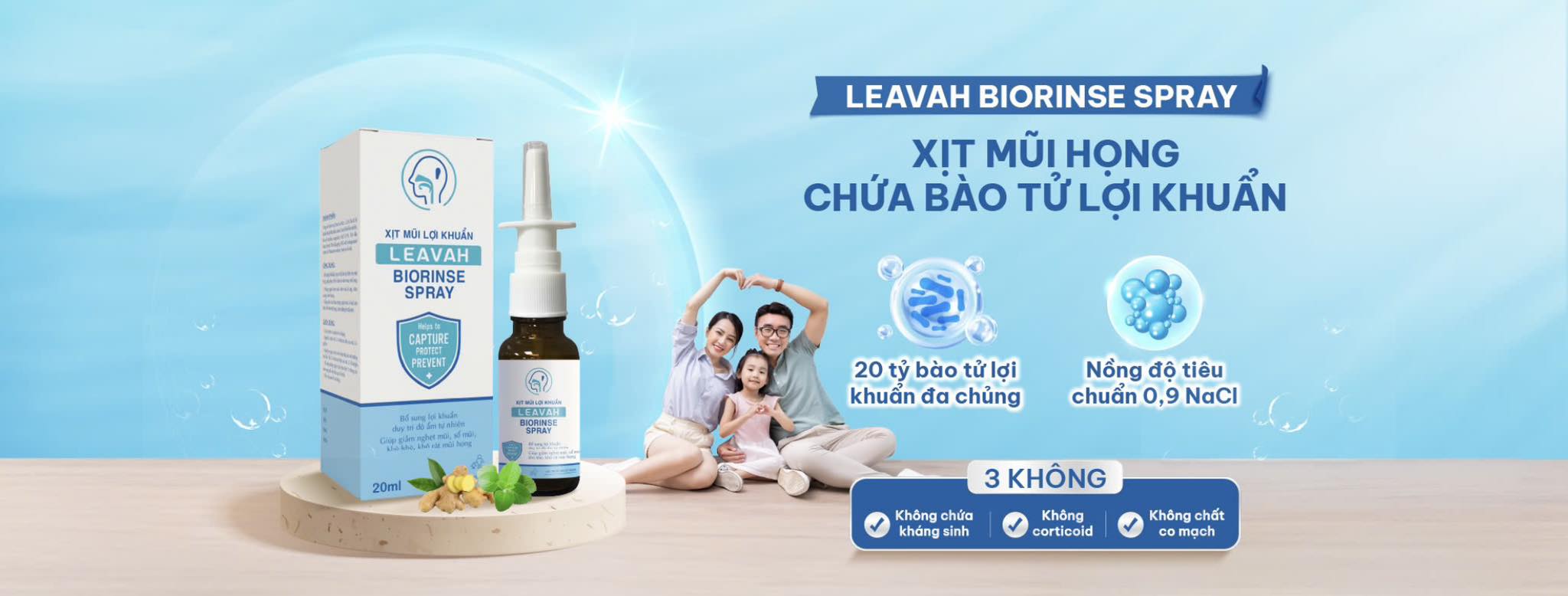 Xịt mũi lợi khuẩn Leavah Biorinse Spray chứa 20 tỷ bào tử lợi khuẩn